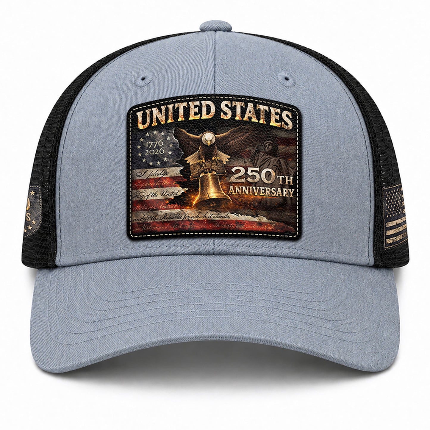 United States 250th Anniversary Leather Patch Hat Patriotic Eagle Bell Mesh Cap