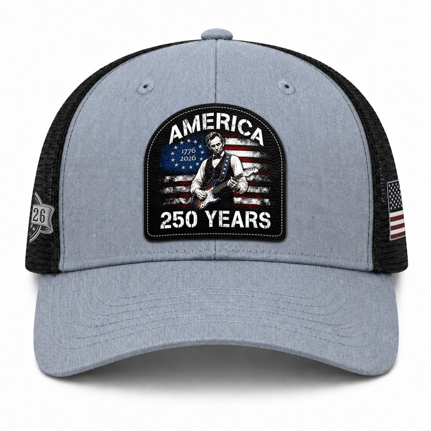 Lincoln Guitar Patch Patriotic Trucker Cap - Premium Mesh Back Hat for USA Anniversary 1776-2026