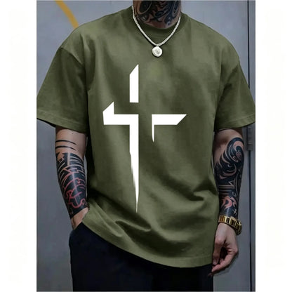 Men-s-Round-Neck-Short-Sleeve-Minimalist-Cross-Print-T-Shirt