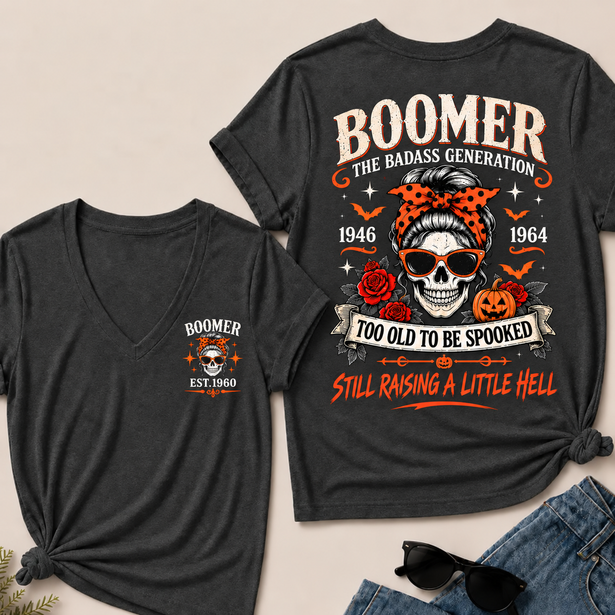 Personalized Boomer Too Old To Be Spooked Halloween V-Neck T-Shirt – Custom Birth Year Skull Tee, The Badass Generation Shirt