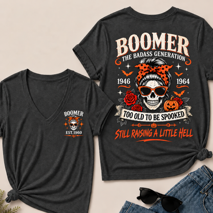 Personalized Boomer Too Old To Be Spooked Halloween V-Neck T-Shirt – Custom Birth Year Skull Tee, The Badass Generation Shirt