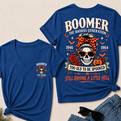 Personalized Boomer Too Old To Be Spooked Halloween V-Neck T-Shirt – Custom Birth Year Skull Tee, The Badass Generation Shirt
