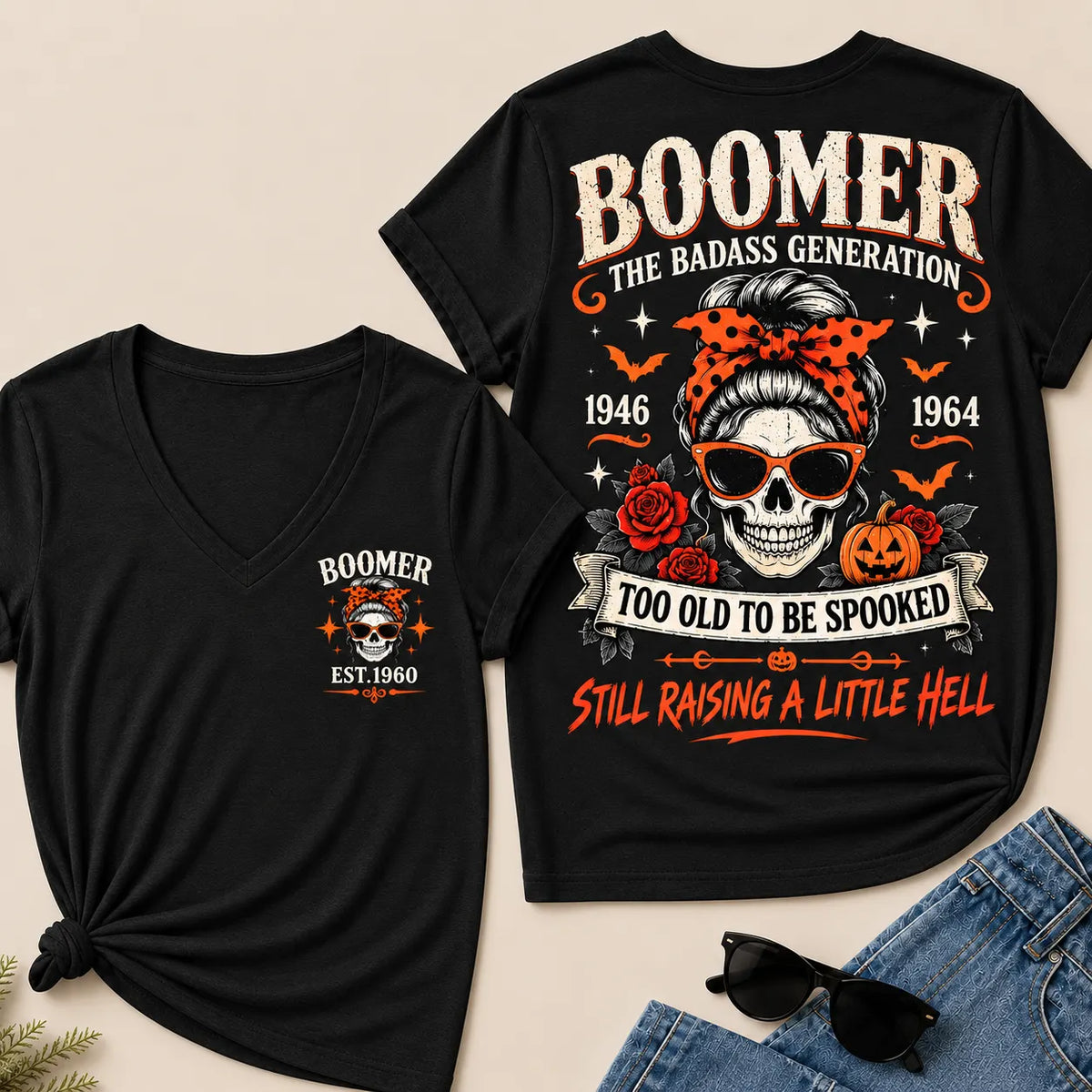 Personalized Boomer Too Old To Be Spooked Halloween V-Neck T-Shirt – Custom Birth Year Skull Tee, The Badass Generation Shirt