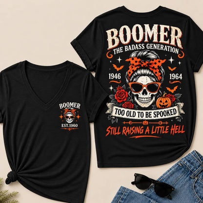 Personalized Boomer Too Old To Be Spooked Halloween V-Neck T-Shirt – Custom Birth Year Skull Tee, The Badass Generation Shirt