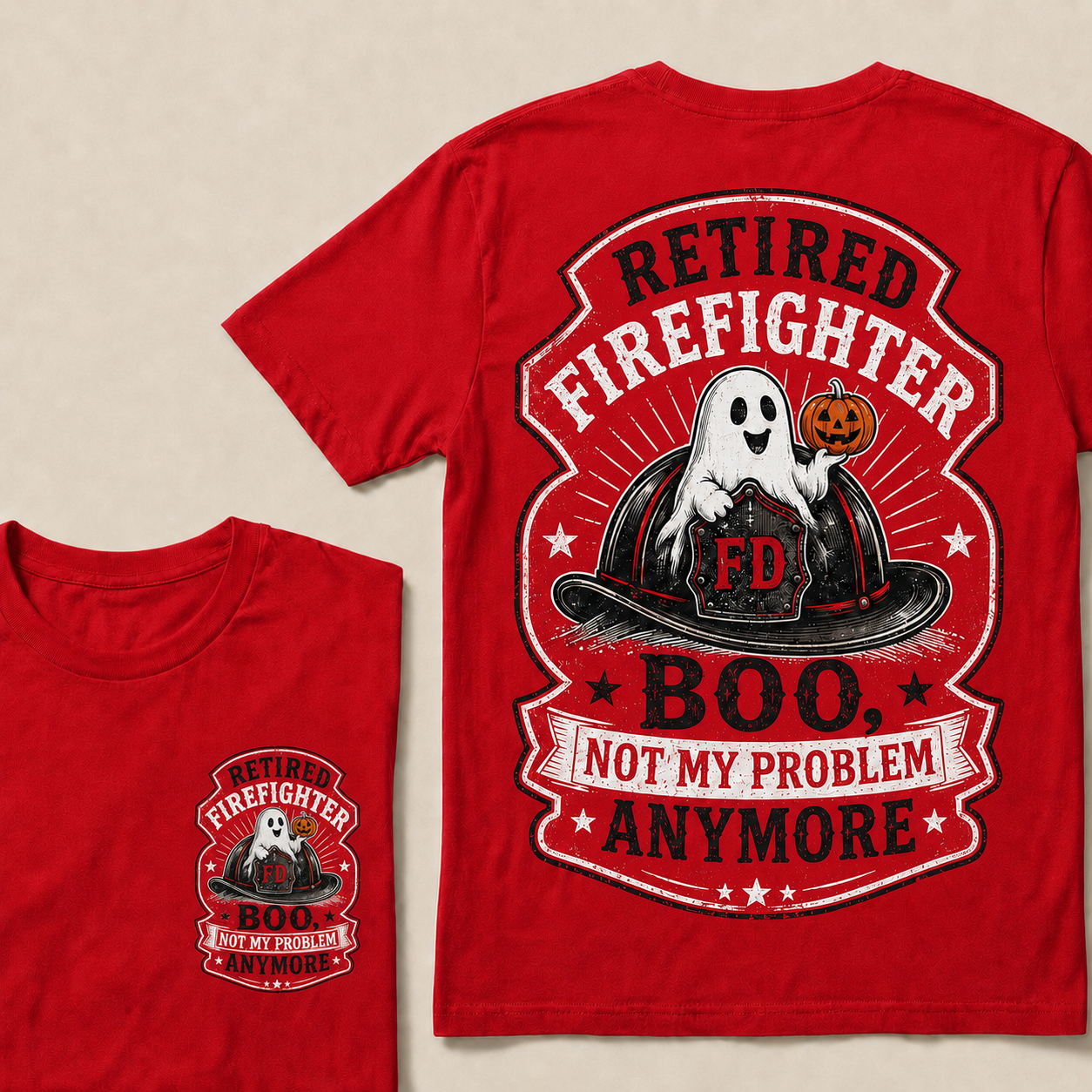 Retired Firefighter Halloween T-Shirt – Funny Boo Not My Problem Anymore Graphic Tee, Firefighter Retirement Gift