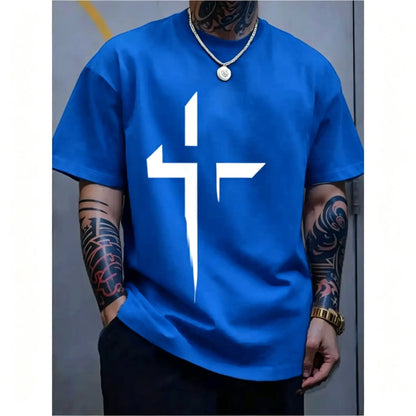 Men-s-Round-Neck-Short-Sleeve-Minimalist-Cross-Print-T-Shirt