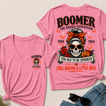 Personalized Boomer Too Old To Be Spooked Halloween V-Neck T-Shirt – Custom Birth Year Skull Tee, The Badass Generation Shirt