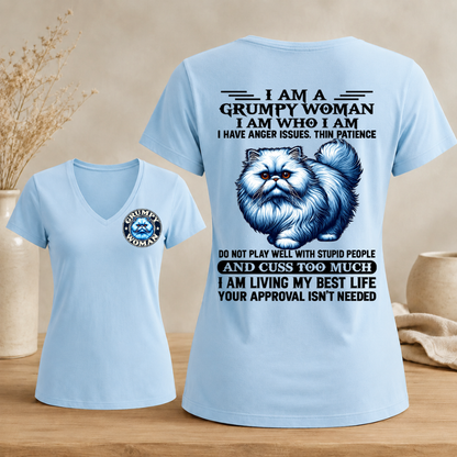I Am A Grumpy Woman Fluffy Cat shirt,Sarcastic Sayings Graphic Woman's V-neck