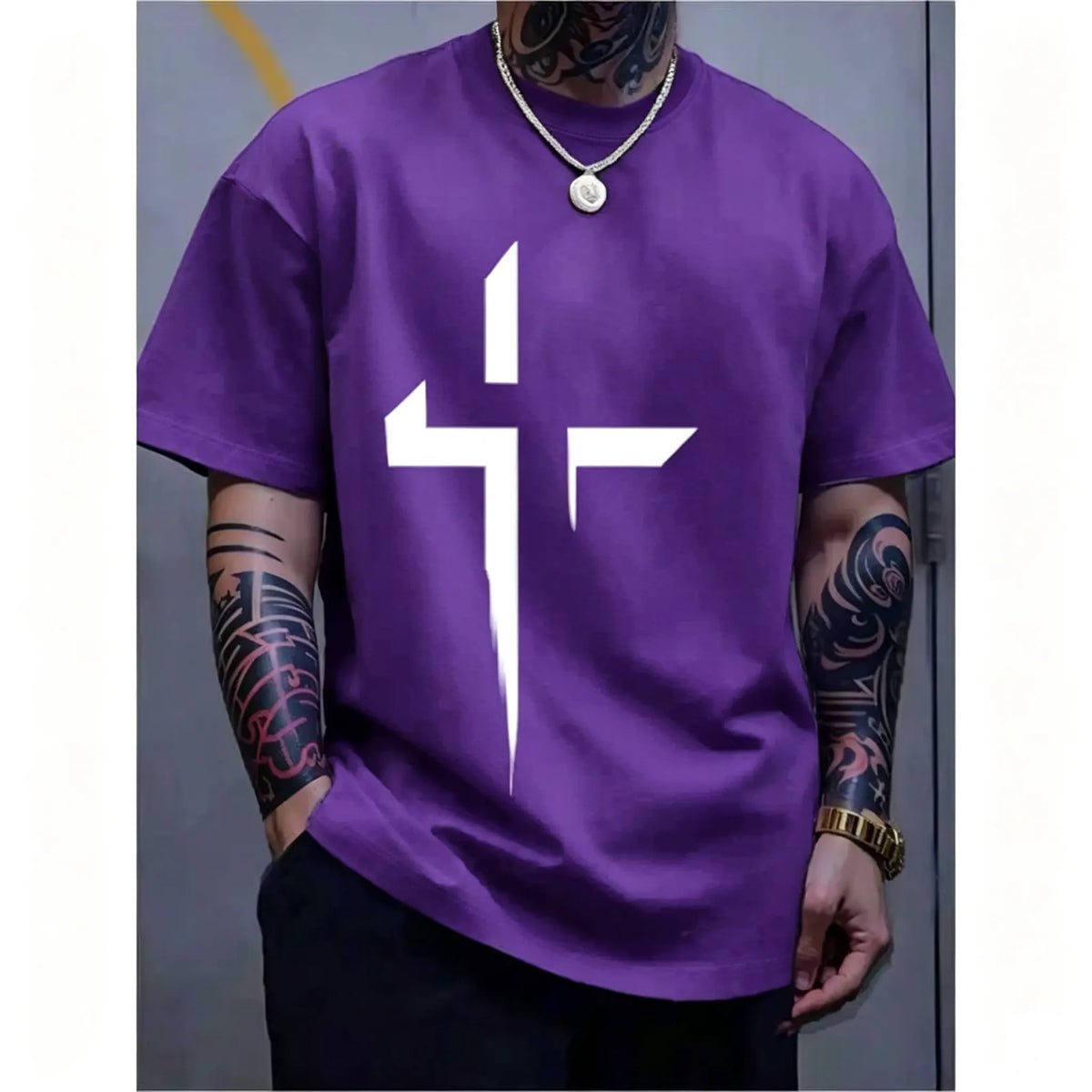 Men-s-Round-Neck-Short-Sleeve-Minimalist-Cross-Print-T-Shirt