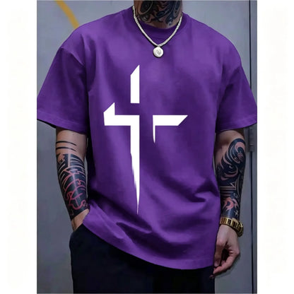 Men-s-Round-Neck-Short-Sleeve-Minimalist-Cross-Print-T-Shirt