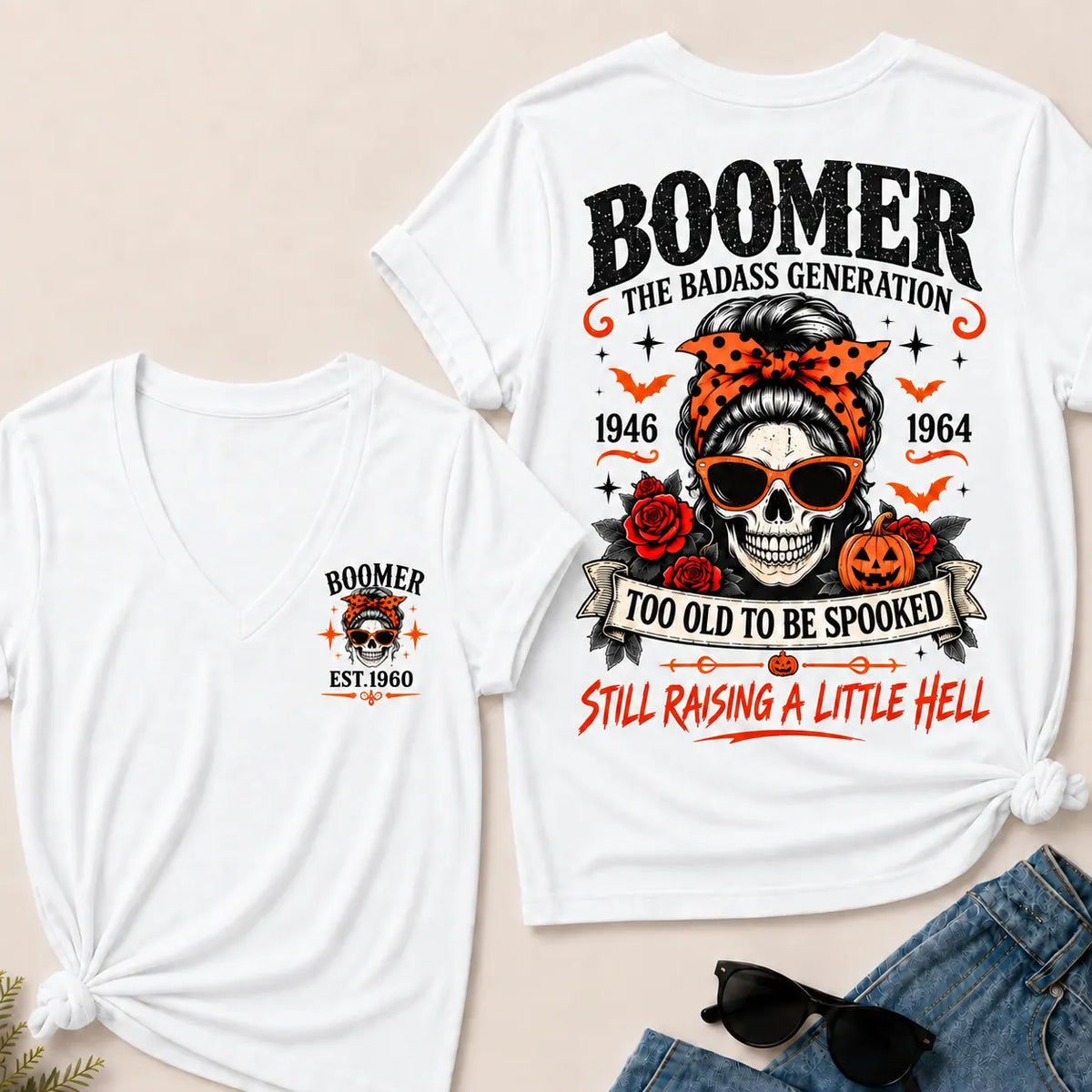 Personalized Boomer Too Old To Be Spooked Halloween V-Neck T-Shirt – Custom Birth Year Skull Tee, The Badass Generation Shirt