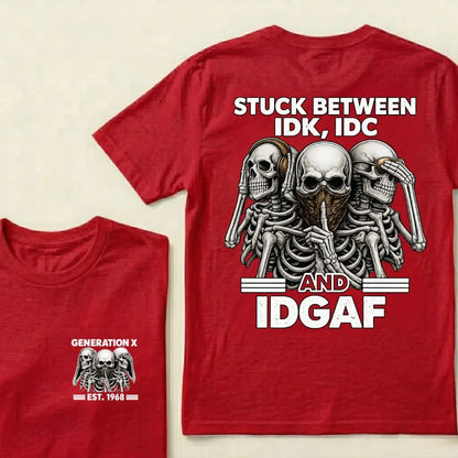 Custom EST.Year GENERATION X STUCK BETWEEN IDK, IDC AND IDGAF Skeletons Graphic T-Shirt