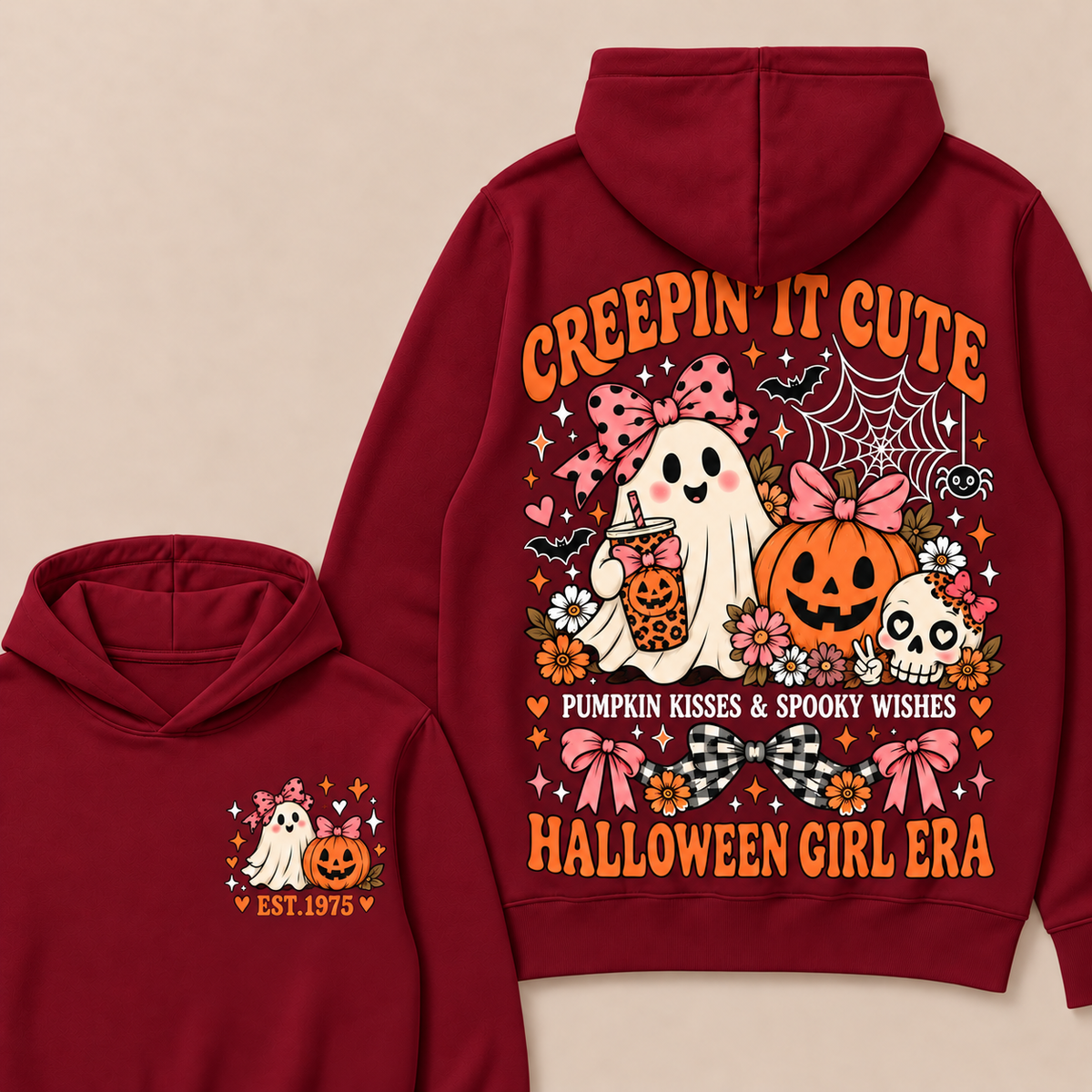 Creepin' It Cute Pumpkin Kisses & Spooky Wishes Halloween Girl Era Custom Your Year Hoodie