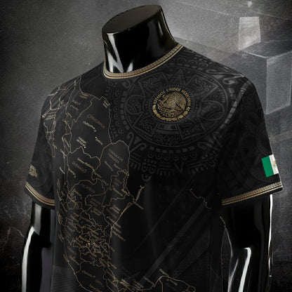 Mexico Soccer Jersey Black Aztec Sunstone Heritage Map Design