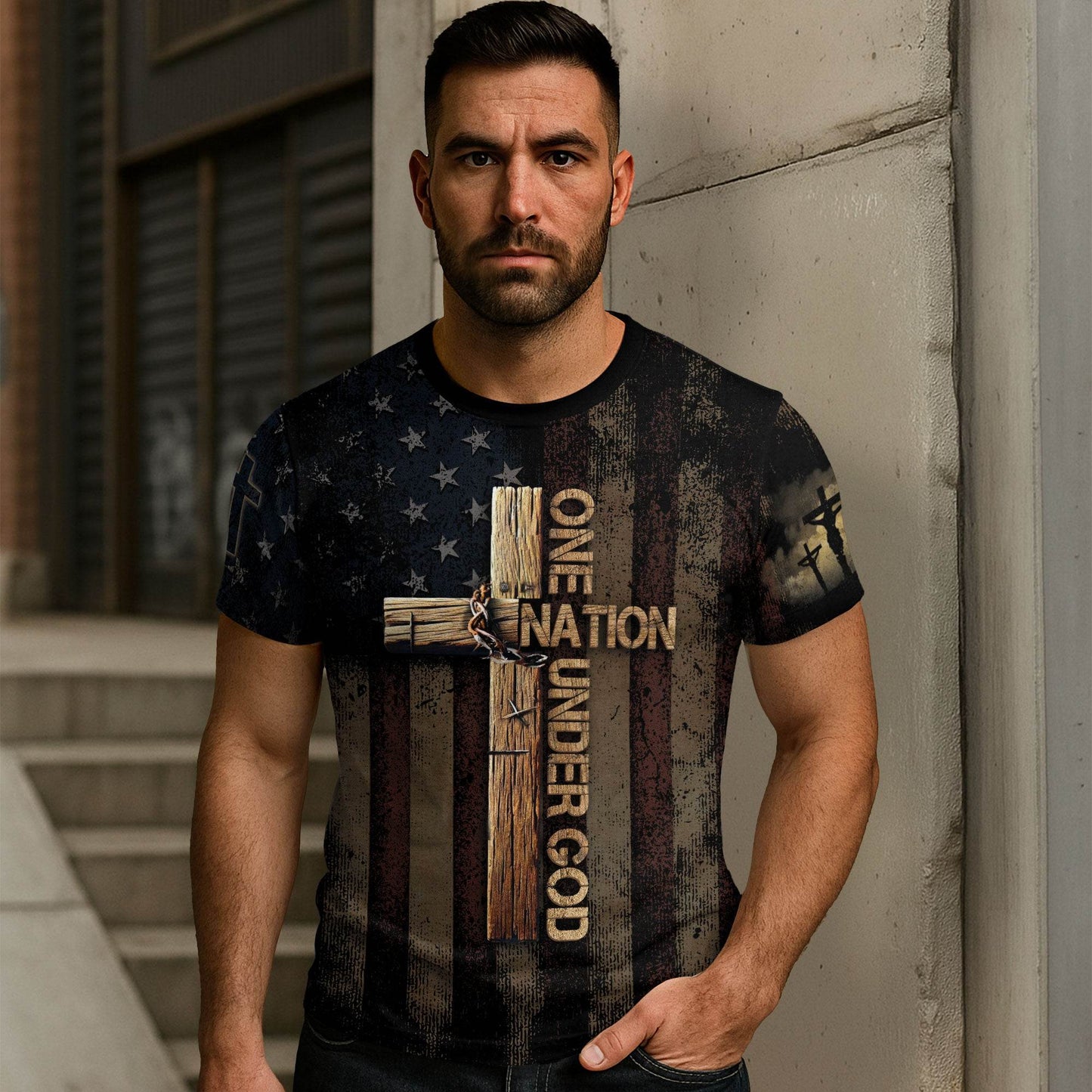 One Nation Under God | Rugged Cross & Crucified Savior Patriotic Tee