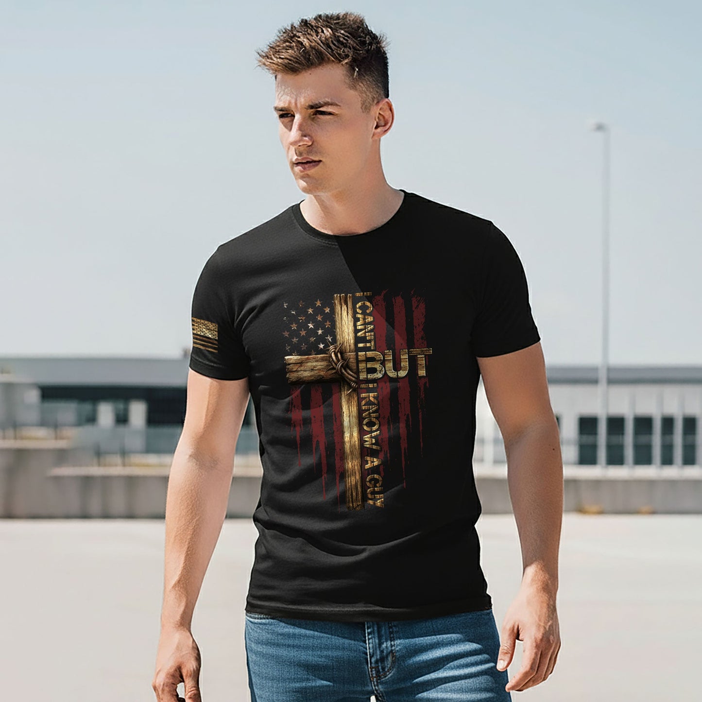 I Can’t But I Know a Guy Cross & American Flag Christian T-Shirt