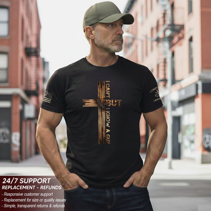 I Can’t But I Know a Guy T-Shirt – Bold Christian Cross Shirt for Men