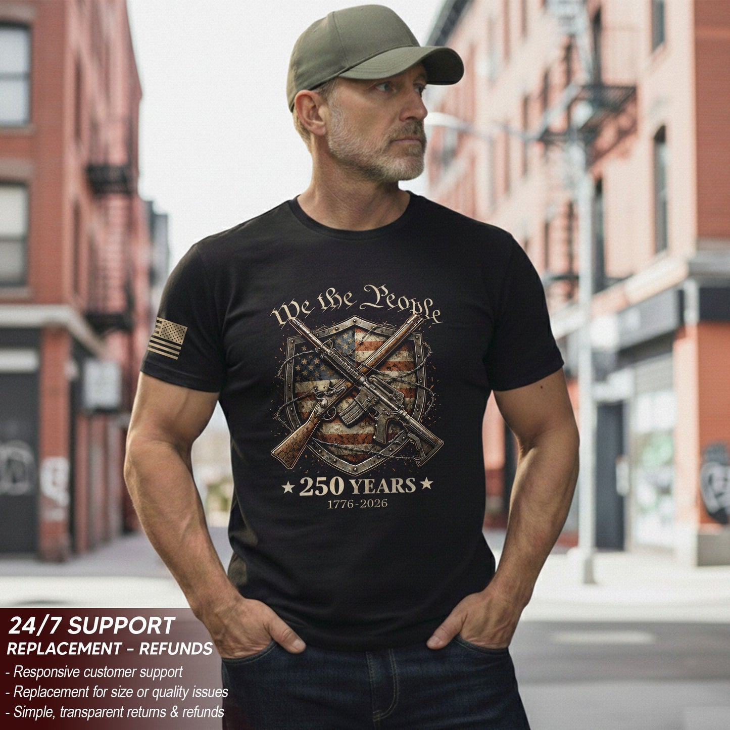 USA 250th Anniversary 250 Years Shirt 1776-2026 We The People Shield Rifles Patriotic Mental Iron Will