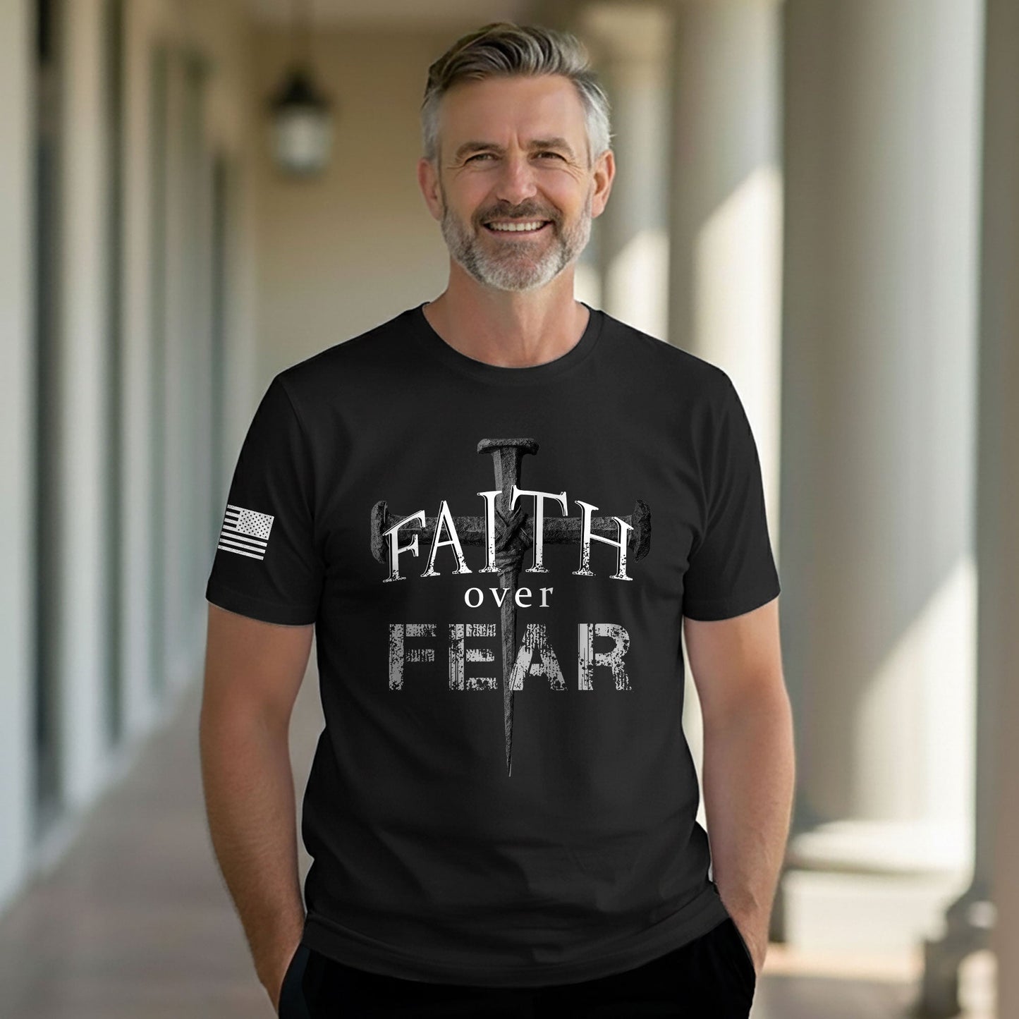 Faith Over Fear Christian Nail Cross Patriotic Religious Jesus Shirt