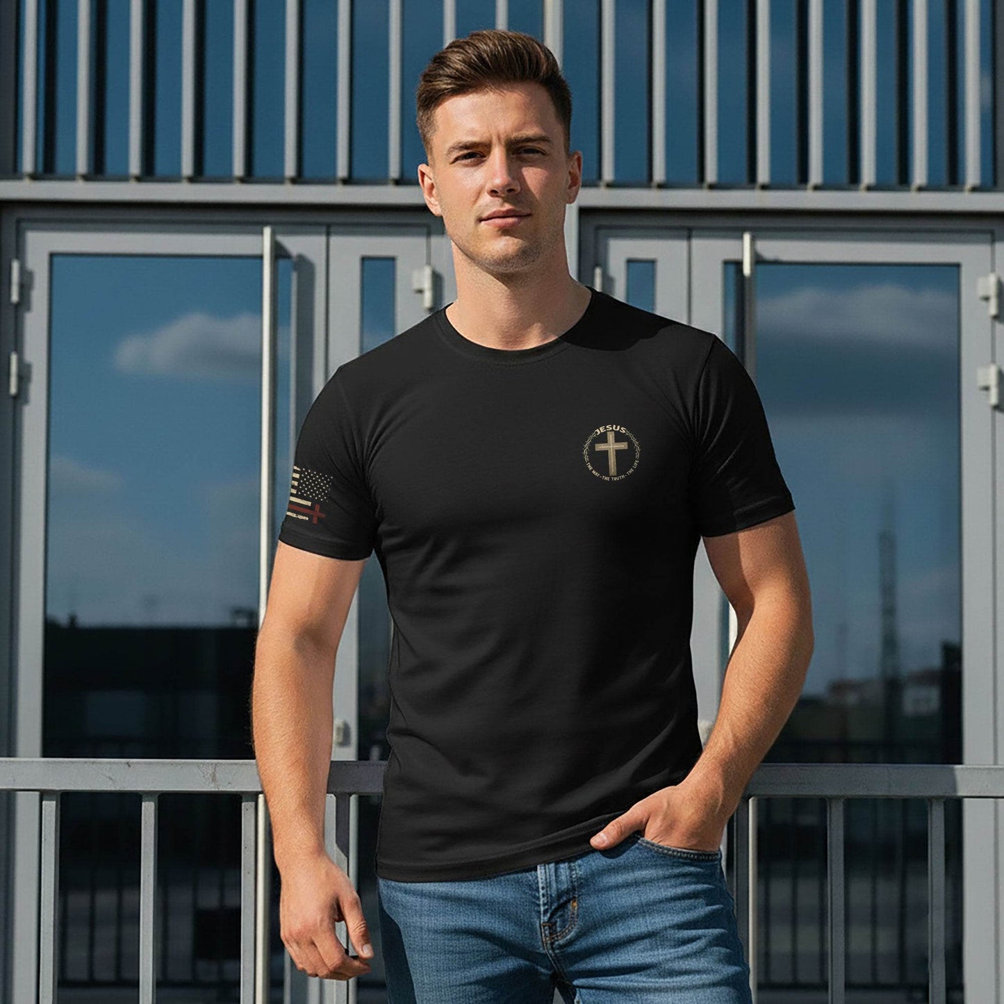 Jesus & American Flag Lion Cross T-Shirt – The Way The Truth The Life