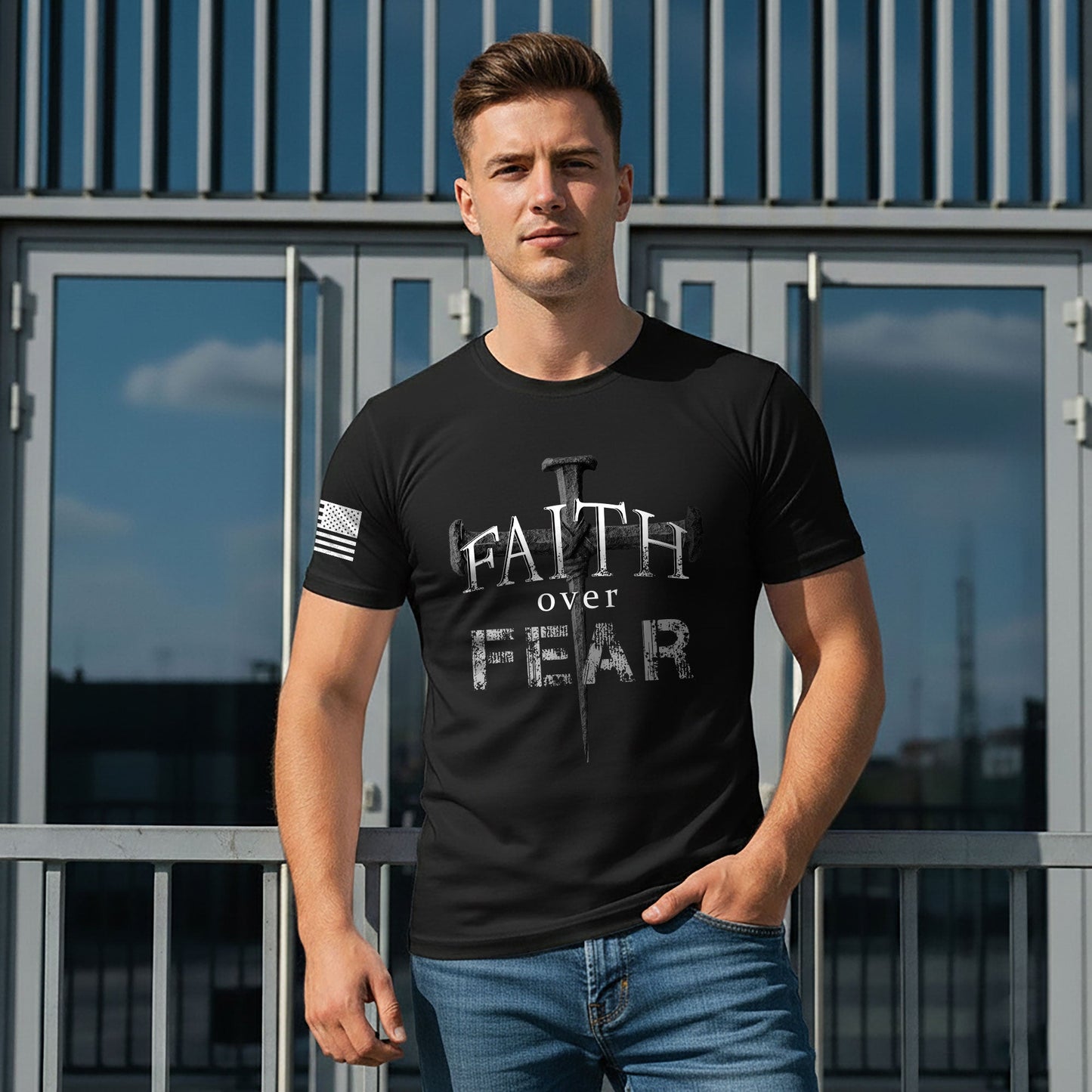 Faith Over Fear Christian Nail Cross Patriotic Religious Jesus Shirt
