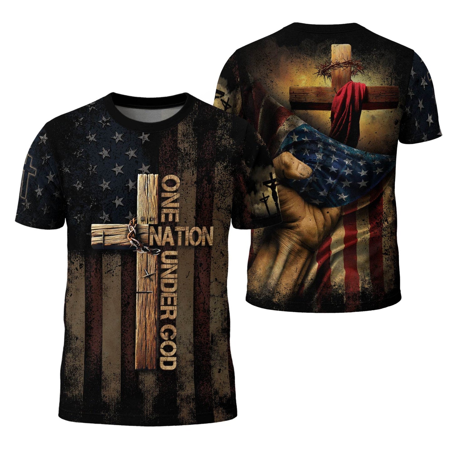 One Nation Under God | Rugged Cross & Crucified Savior Patriotic Tee