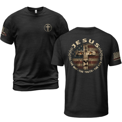 Jesus & American Flag Lion Cross T-Shirt – The Way The Truth The Life