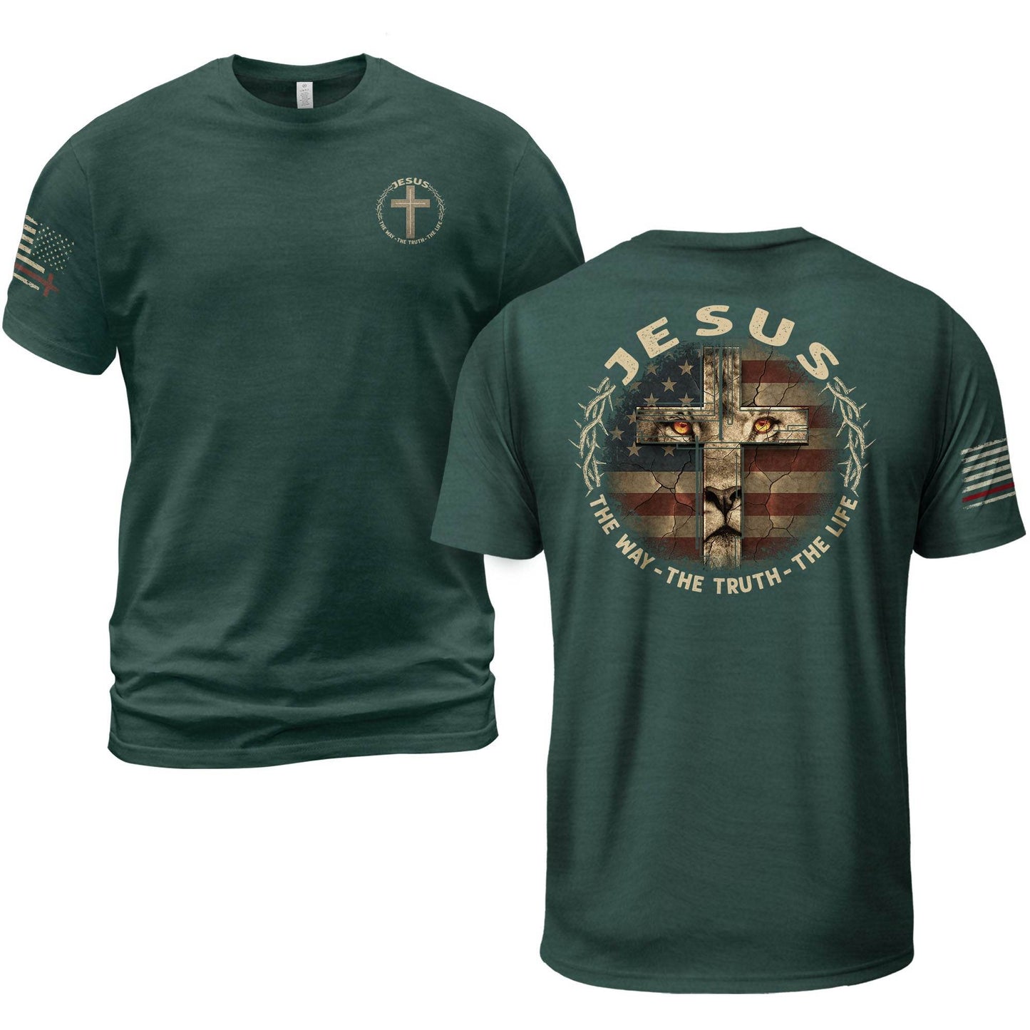 Jesus & American Flag Lion Cross T-Shirt – The Way The Truth The Life